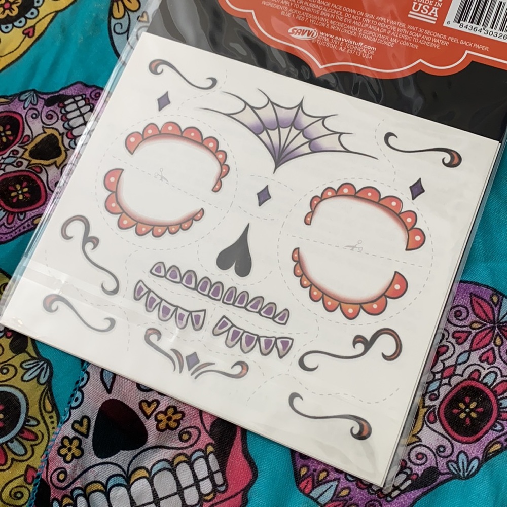 Día de los Muertos {Day of the Dead} Costume Face Tattoos 34 Count Made in USA - Picture 5 of 6